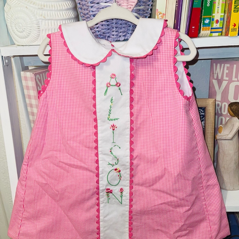 Handmade Pink Gingham Dress with Embroidered Name Alison